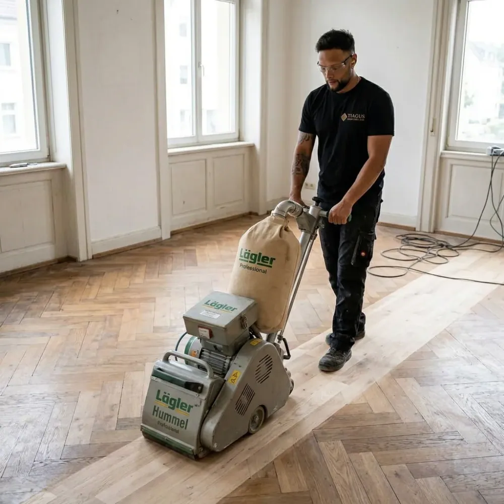 Tiago Moreira schleift ein Fischgratparkett mit der Parkettschleifmaschine
